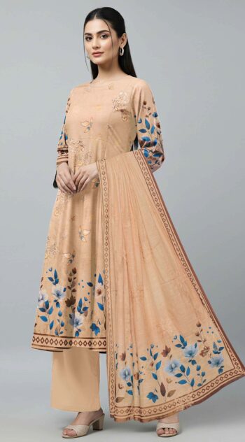 Stylish Peach 3-Piece Lawn Dress with Blue Floral Print TMS